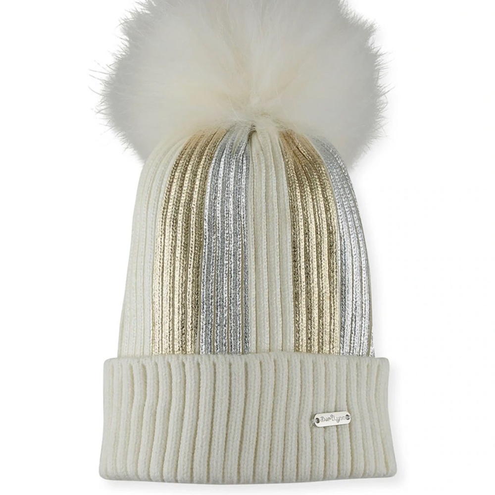 Bari Lynn Metallic Stripe Hat With Pouf